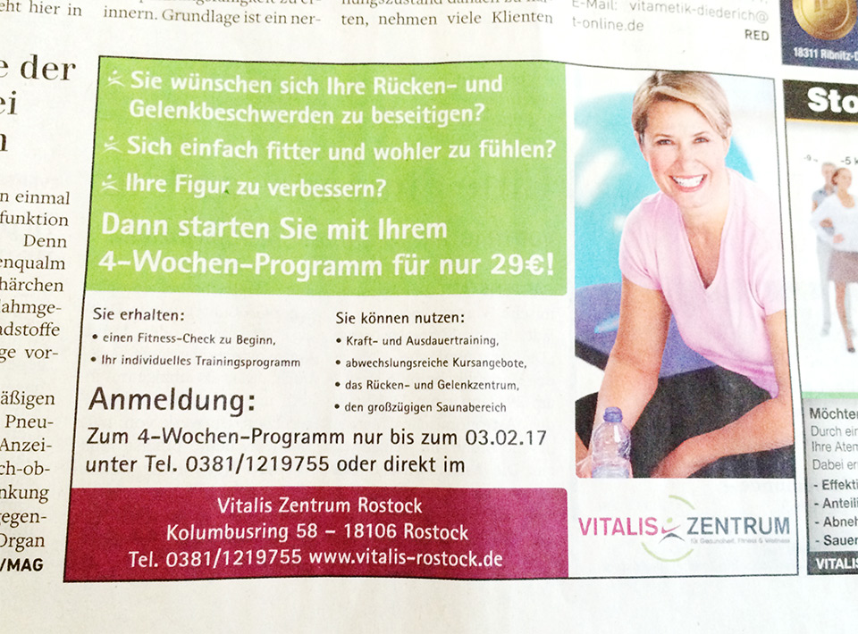 Zeitungsanzeige für das Fitnessstudio VITALIS in Rostock